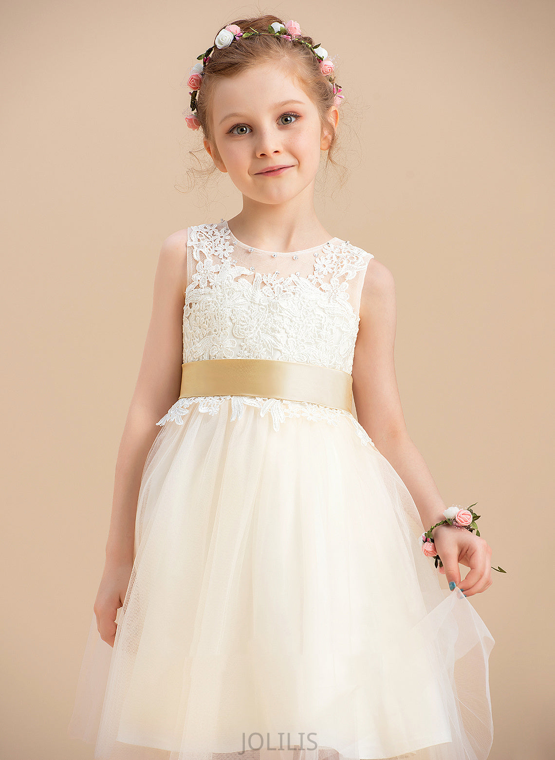 (Detachable Neck - Flower Girl Scoop Flower Girl Dresses Knee-length Tulle/Lace A-Line With Maryjane sash) Sleeveless Dress Sash/Beading/Back Hole