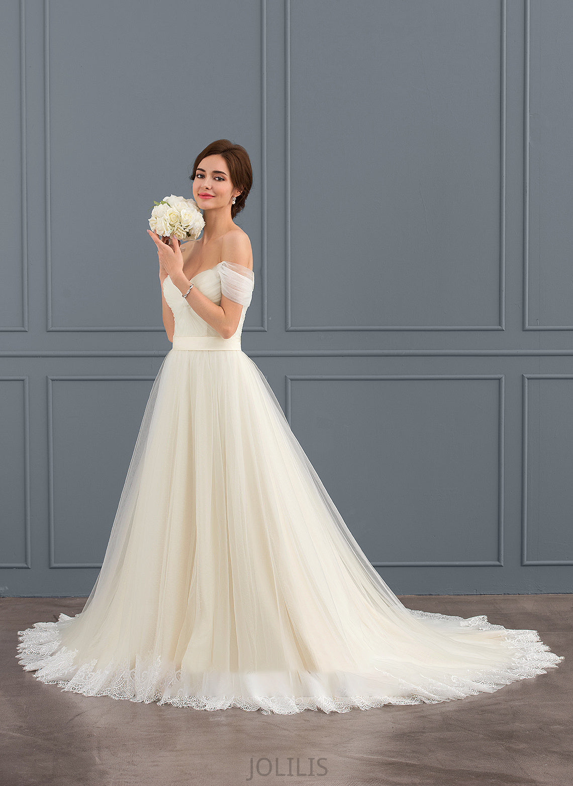 Dress Lace Siena Wedding Ruffle Train Off-the-Shoulder Wedding Dresses With Tulle Ball-Gown/Princess Court