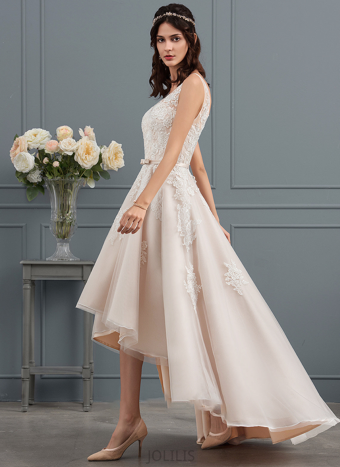 Bow(s) Tulle Dress Wedding Dresses With A-Line Camilla Lace Wedding Asymmetrical V-neck