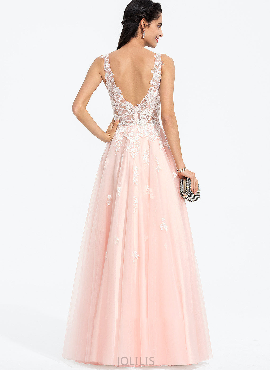 V-neck Tulle Ball-Gown/Princess Sequins With Beading Prom Dresses Floor-Length Maeve