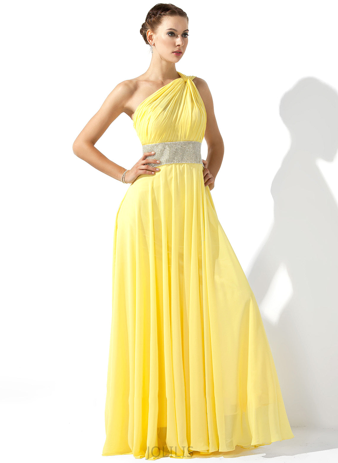 Floor-Length One-Shoulder Chiffon Kira With Ruffle Prom Dresses A-Line Beading