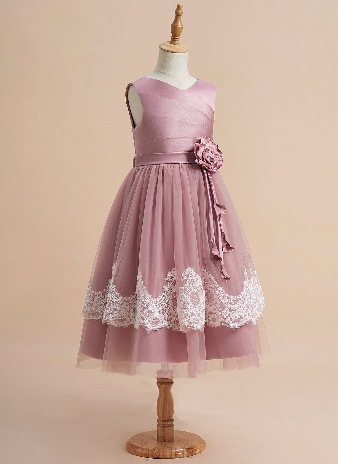 Taylor Flower Girl Dresses Satin/Tulle - Dress V-neck Knee-length With Flower A-Line Lace/Flower(s)/Bow(s)/Pleated/V Girl Sleeveless Back