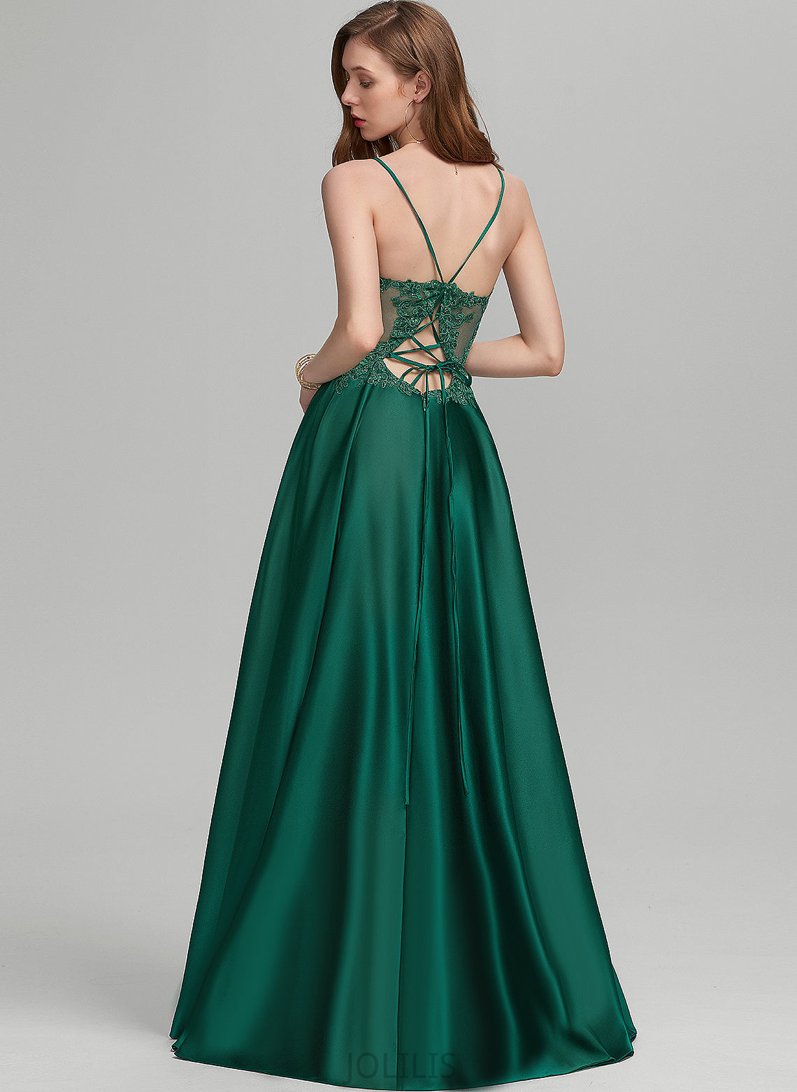 A-Line V-neck Satin Floor-Length Lace Eileen Prom Dresses