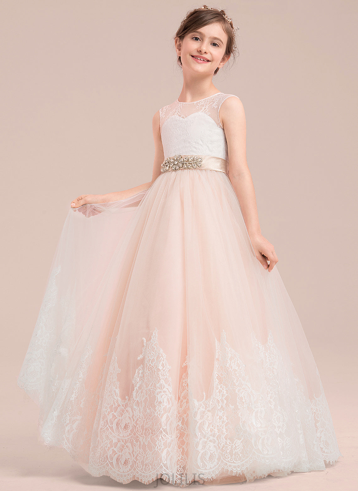 Scoop With Sleeveless Satin/Tulle/Lace Girl Madilynn Flower - Floor-length Dress Beading Neck Ball-Gown/Princess Flower Girl Dresses