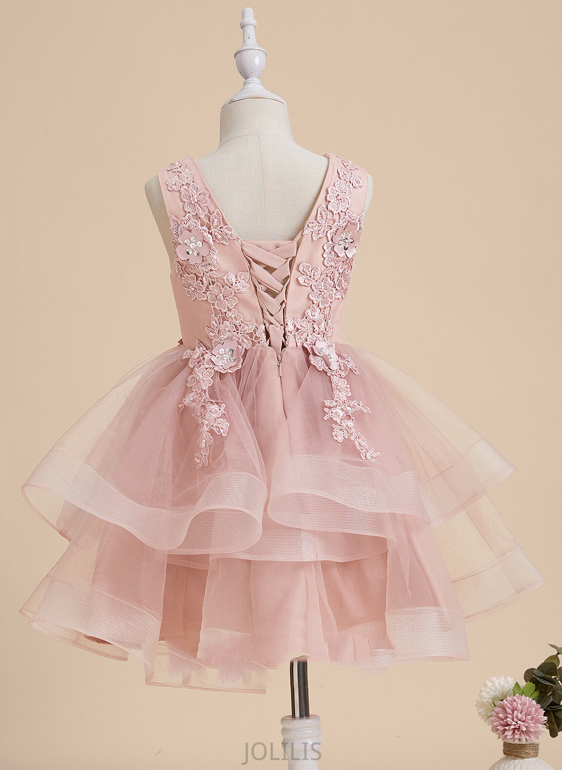 Dress V-neck Sleeveless Flower A-Line Knee-length Teresa Tulle/Lace - Flower Girl Dresses Girl Beading/Flower(s)/Sequins With