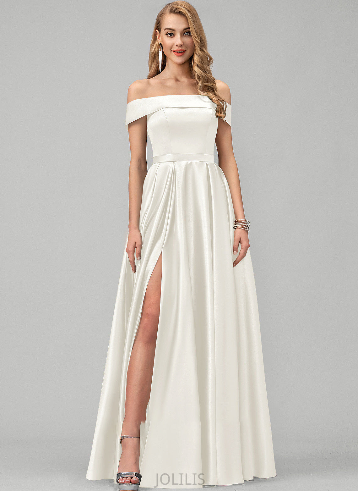 Wedding Dresses With Off-the-Shoulder Dress Ball-Gown/Princess Wedding Pockets Floor-Length Front Split Satin Adriana