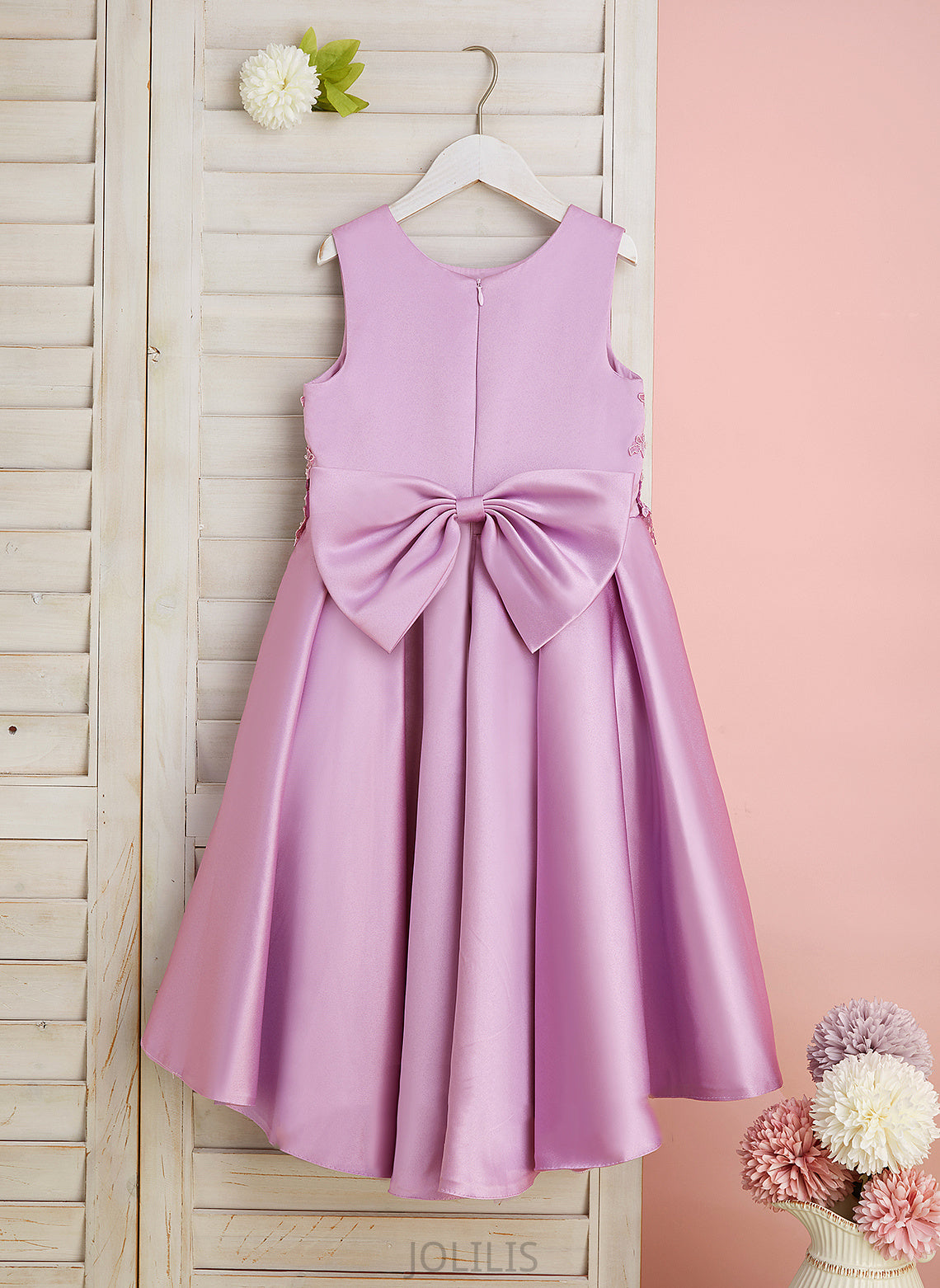 Flower Girl Dresses Sleeveless Flower With Girl Neck Scoop - A-Line Satin/Tulle Dress Lace/Beading/Bow(s) Pam Asymmetrical