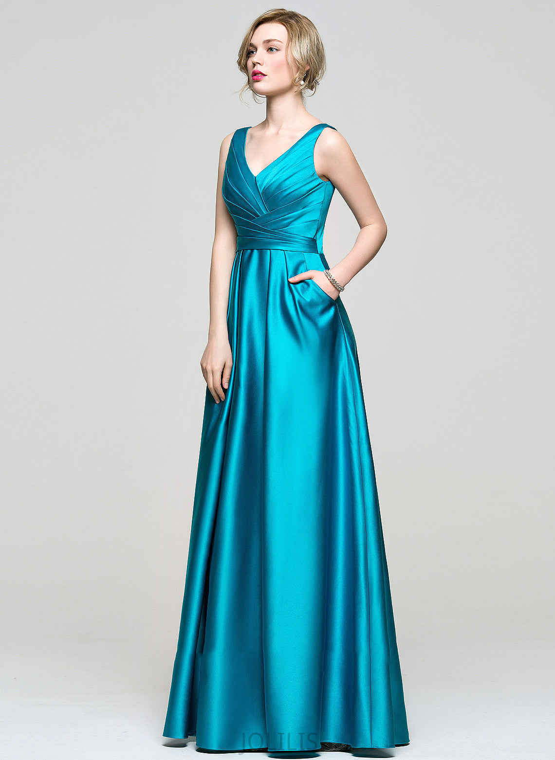 Ball-Gown/Princess V-neck Ruffle Pockets Satin With Floor-Length Neveah Prom Dresses