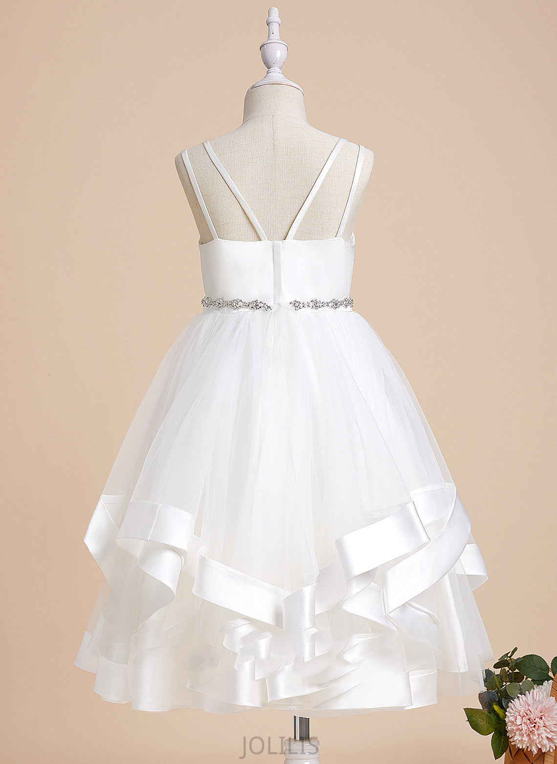 Straps A-Line Girl - Satin/Tulle Beading Flower Dress Tea-length Sleeveless Flower Girl Dresses Emery With