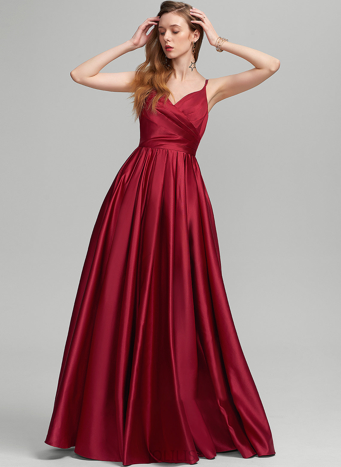 With Pockets A-Line Prom Dresses Clarissa V-neck Satin Floor-Length Ruffle