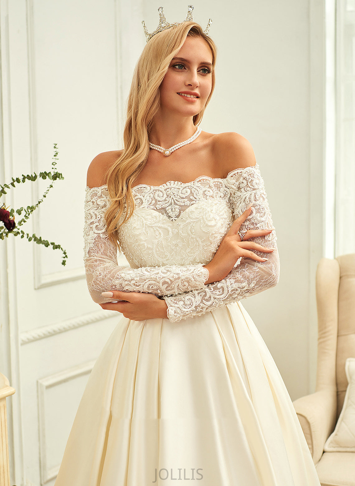 Ball-Gown/Princess Dress Off-the-Shoulder Train Sweep Juliette Lace Sequins Wedding Dresses Satin With Beading Wedding