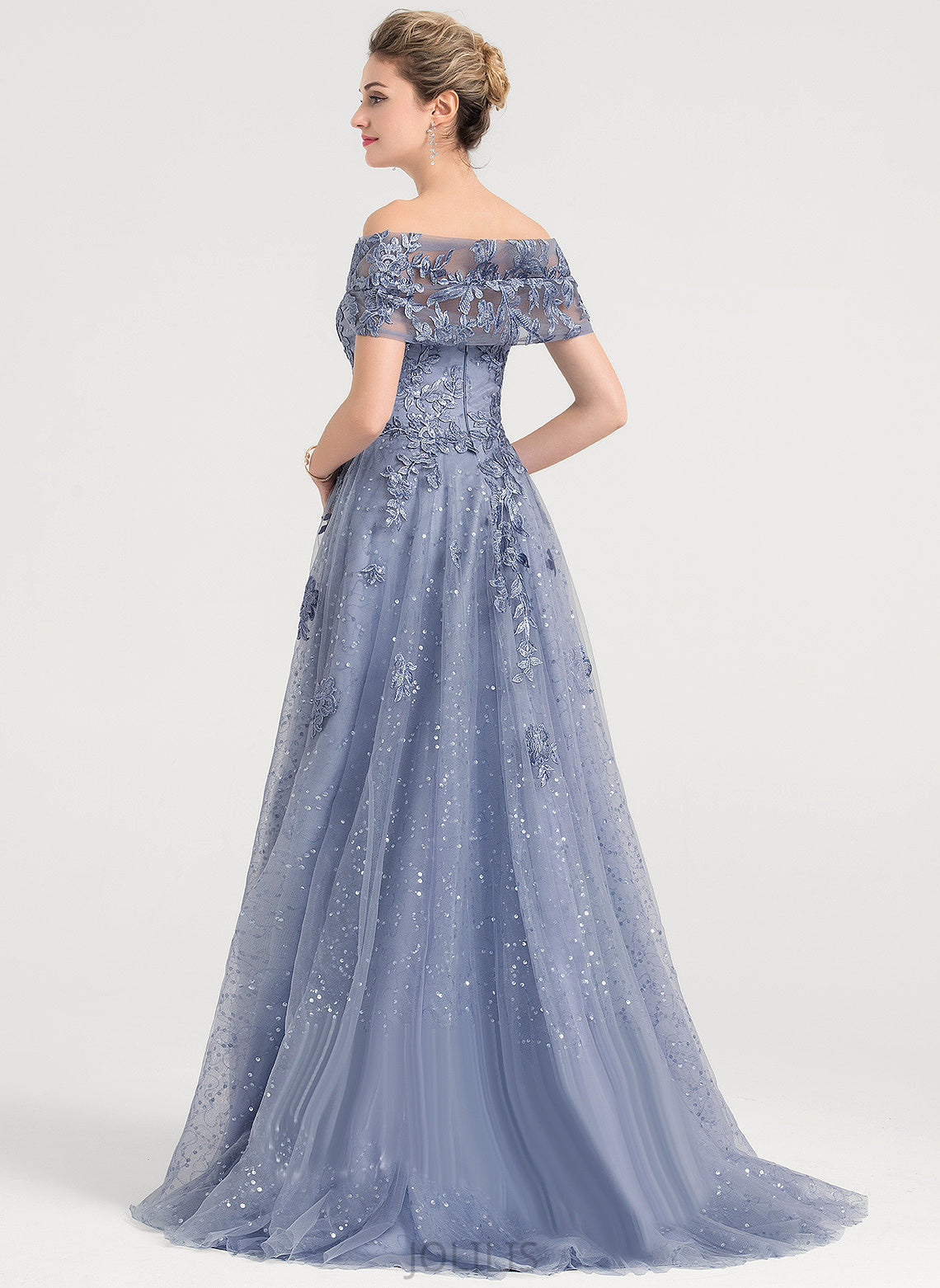 Tulle Ball-Gown/Princess Sweep Train With Jaylen Lace Prom Dresses Sequins Off-the-Shoulder