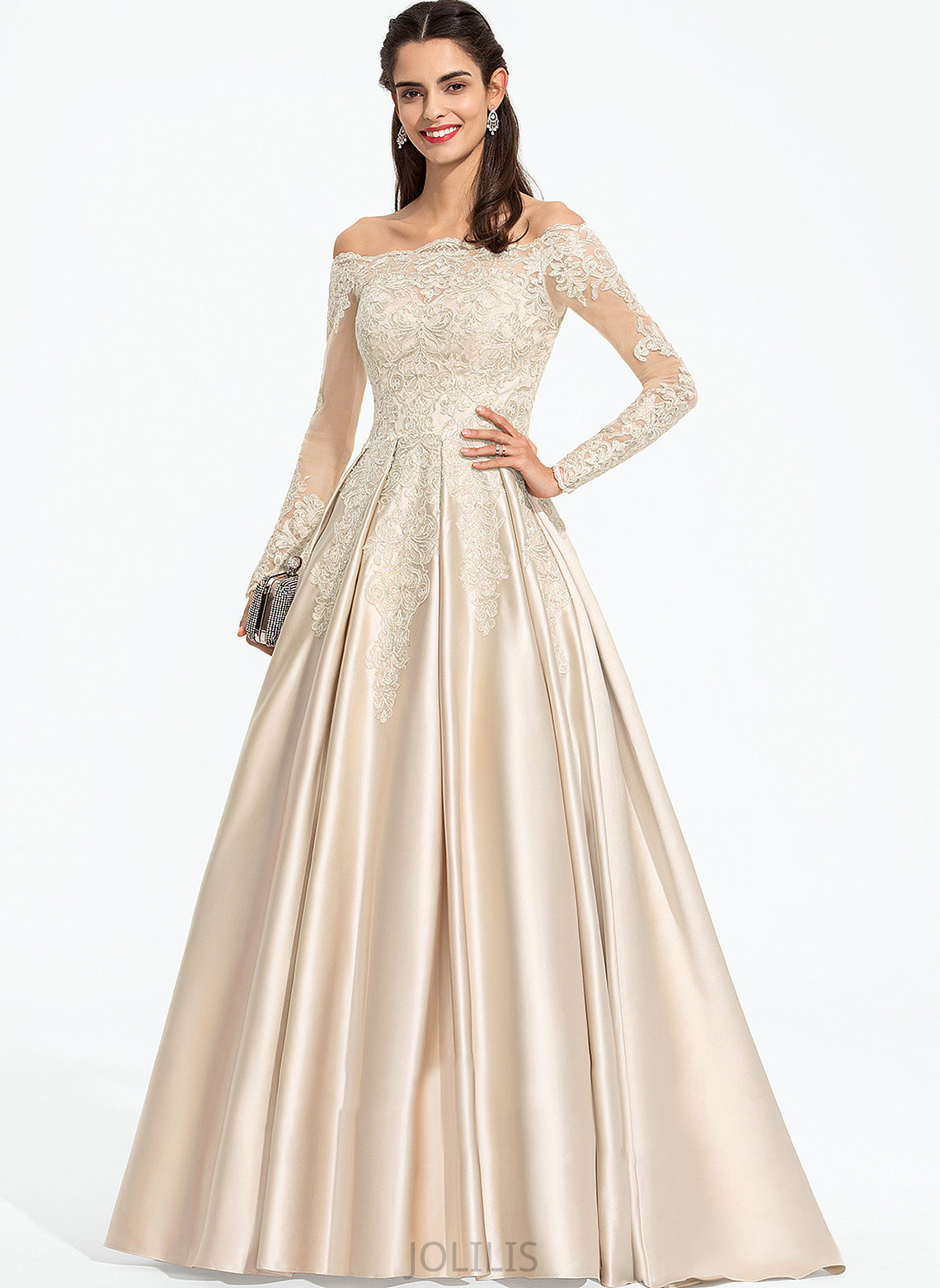 Lace Ball-Gown/Princess Sequins Satin Prom Dresses Train Off-the-Shoulder With Sweep Ada