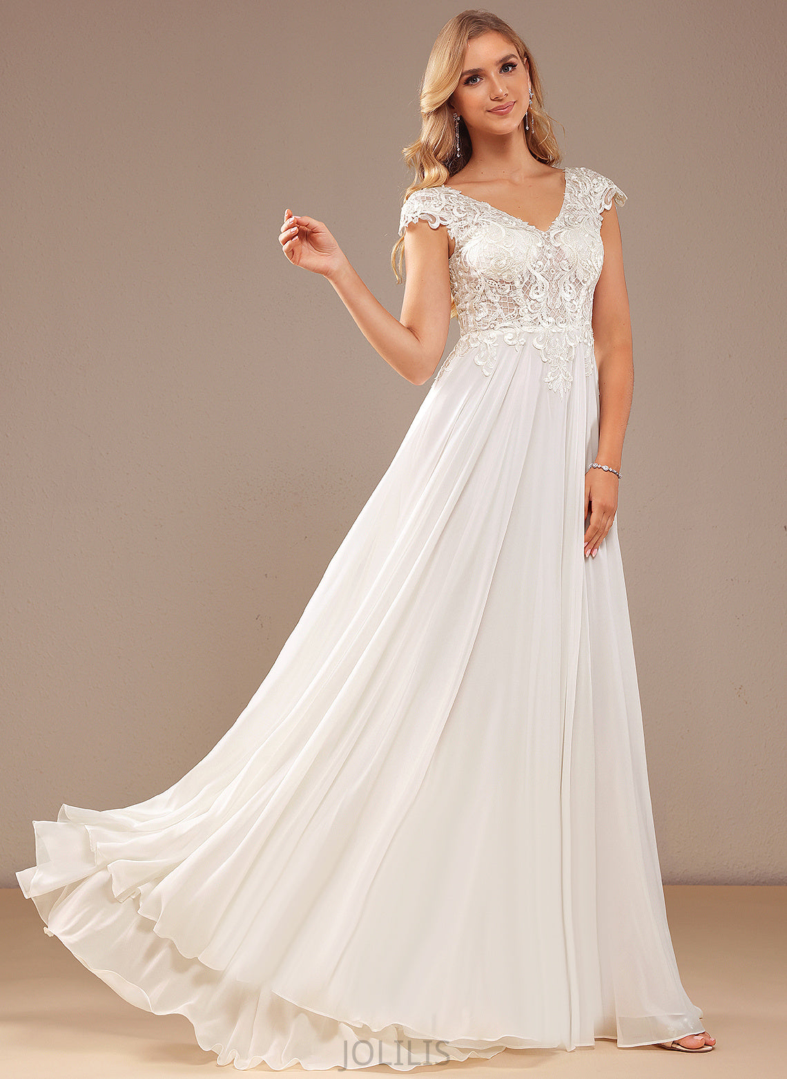 Wedding Dress With A-Line Wedding Dresses Lace Chiffon Sweep V-neck Lace Karen Train