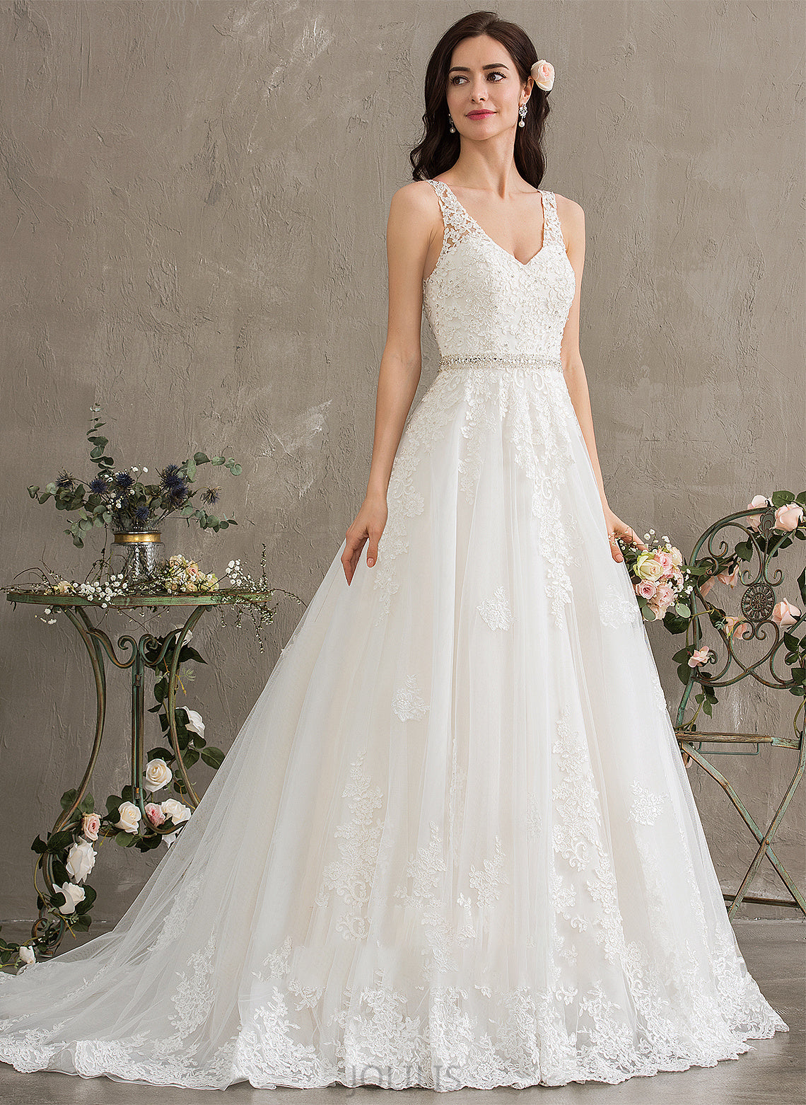 Court Sequins V-neck Amina Dress Wedding Dresses Beading Tulle Wedding With Ball-Gown/Princess Train