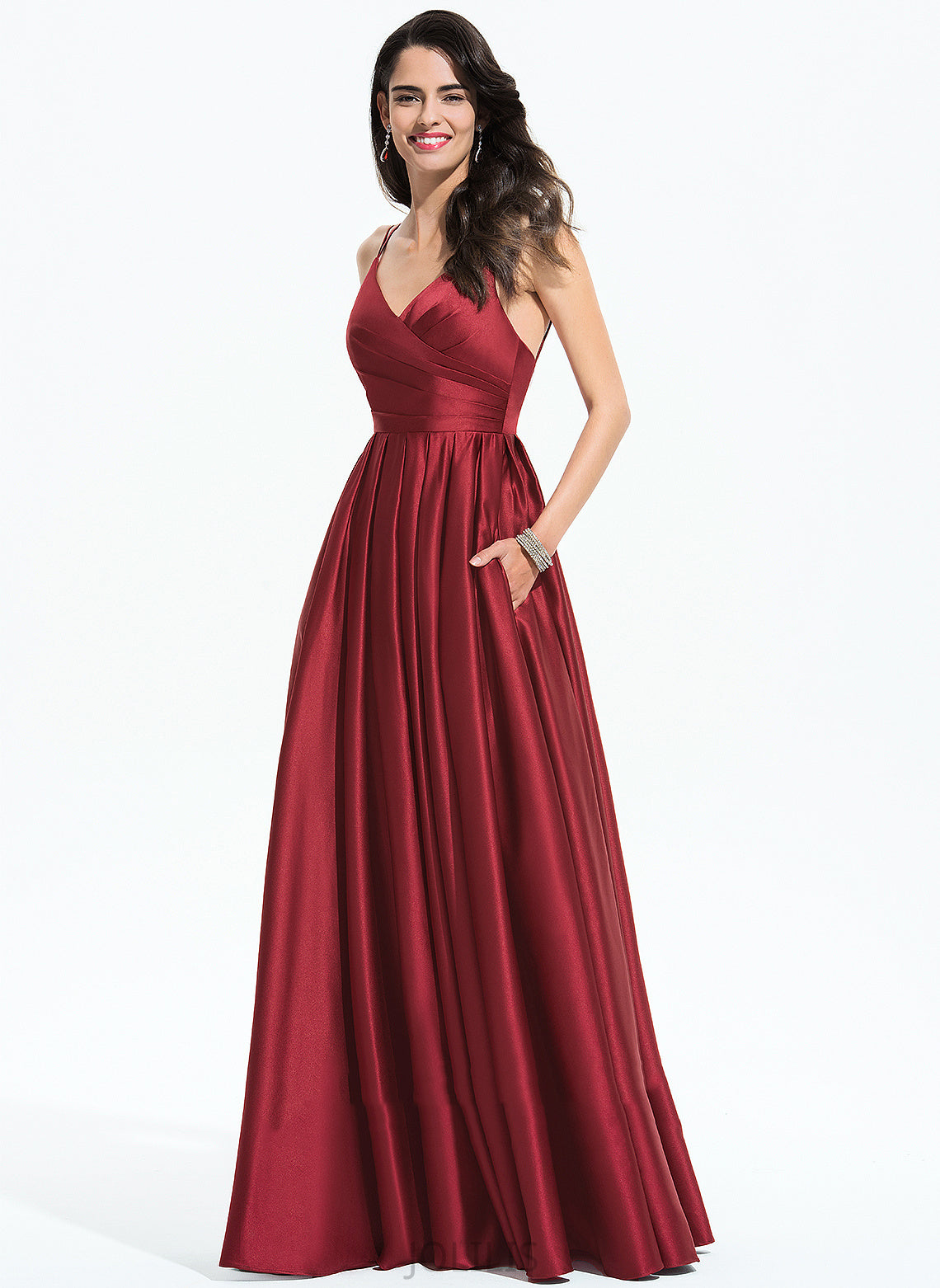 With A-Line Floor-Length Prom Dresses V-neck Satin Marisol Pleated