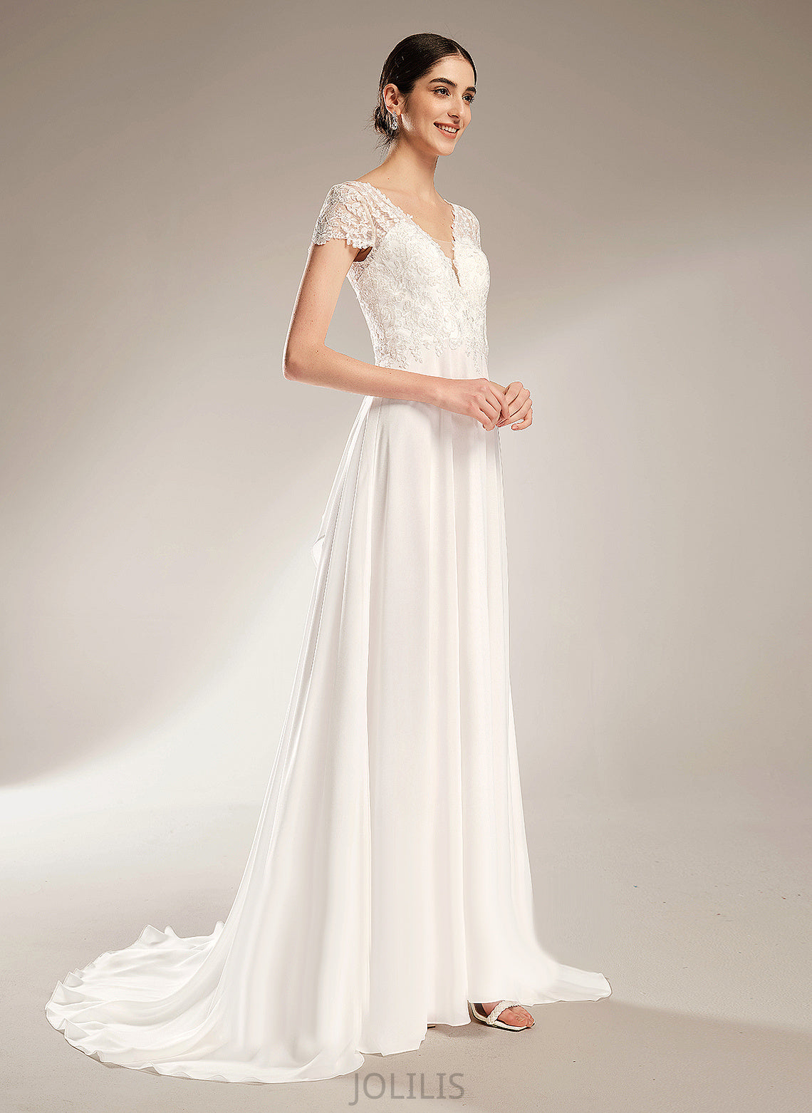 Finley A-Line Train Court V-neck Chiffon With Dress Bow(s) Wedding Wedding Dresses Lace