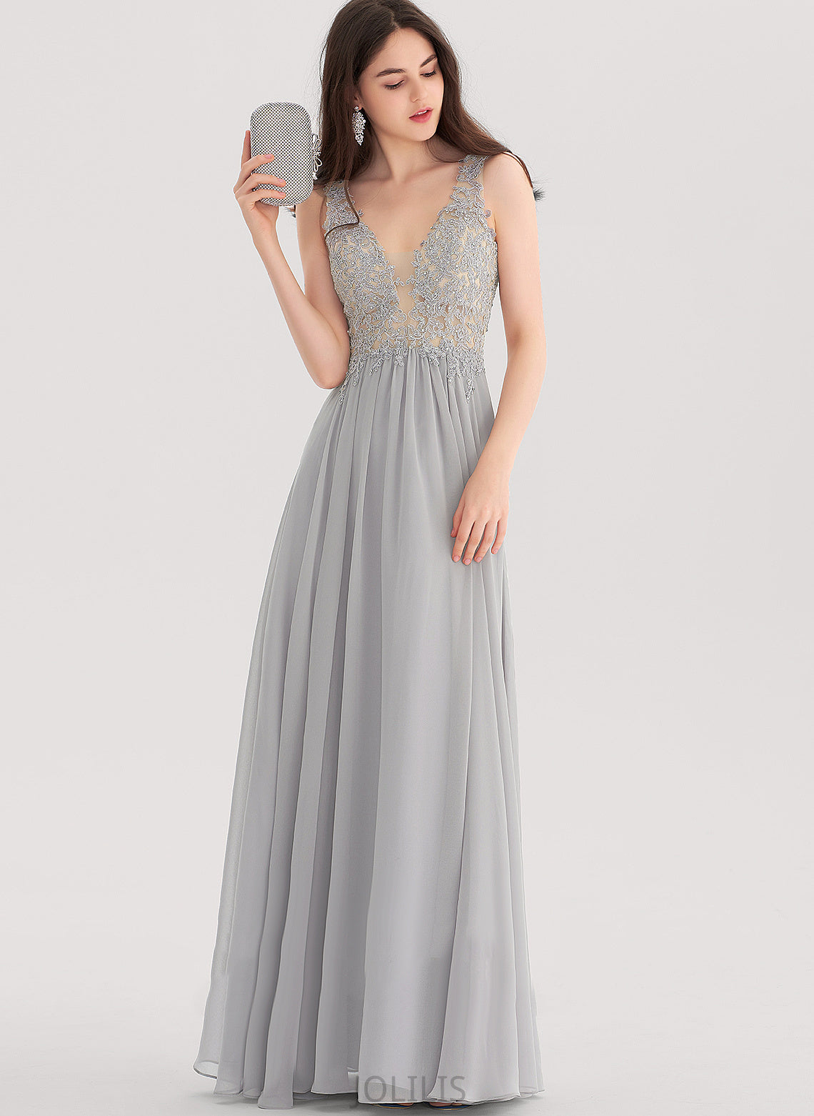 With A-Line Rhinestone Lace Floor-Length Chiffon Mira V-neck Prom Dresses