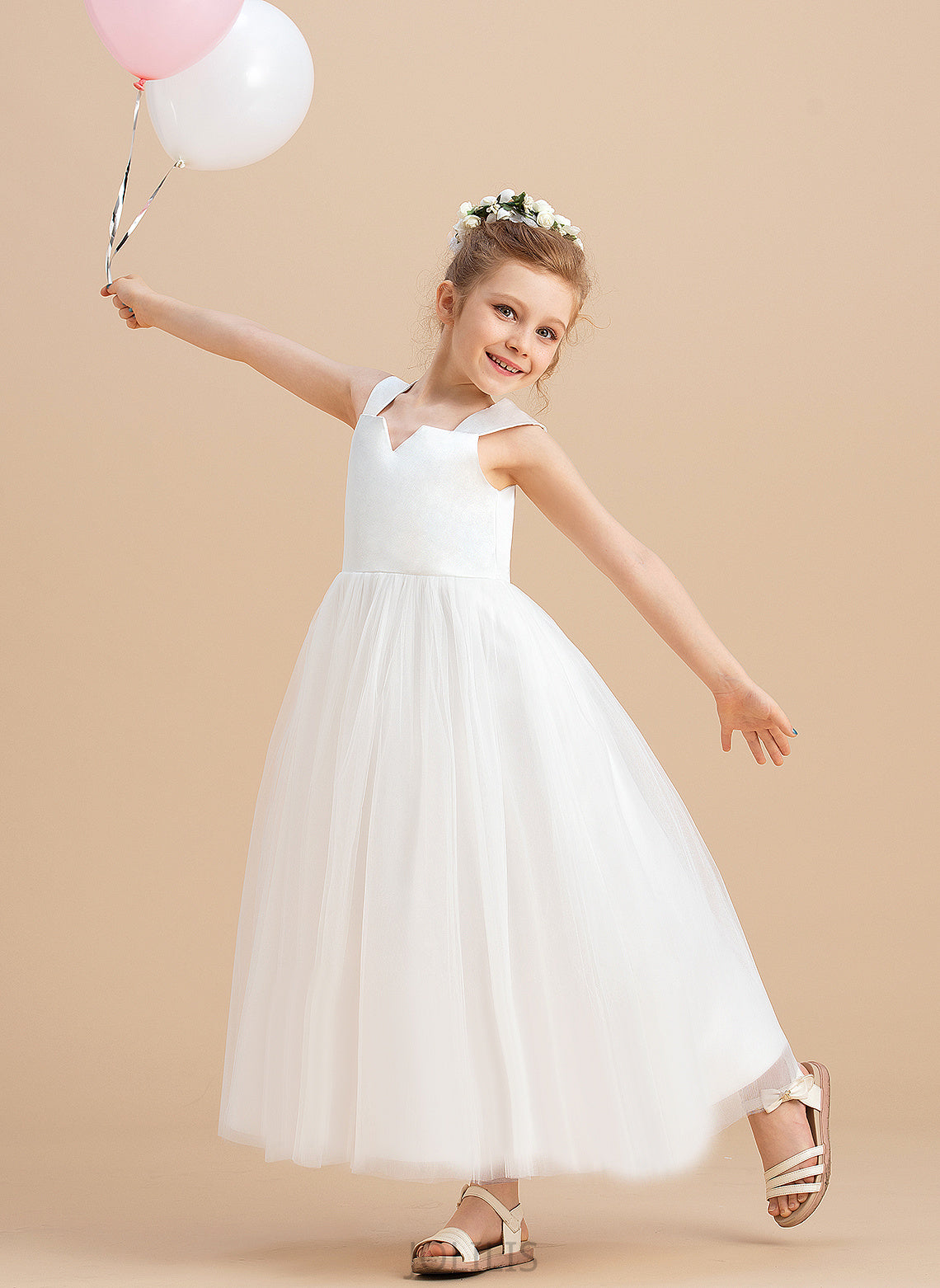 Neckline Flower Satin/Tulle Girl Ankle-length Dress - Square Sleeveless Ball Gown Jazmin Flower Girl Dresses