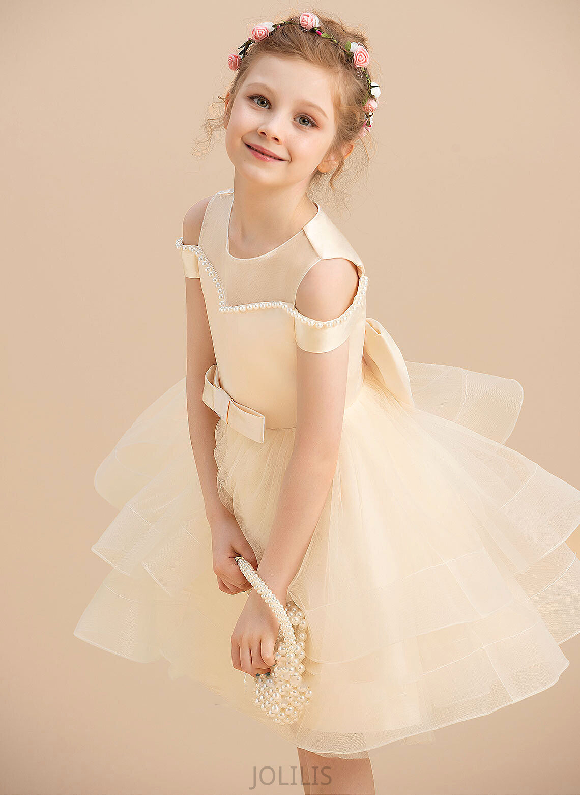 Ball-Gown/Princess Satin/Tulle With Scoop Flower Girl Dresses Flower Dress Beading/Bow(s) Sleeveless Knee-length - Madilynn Girl Neck