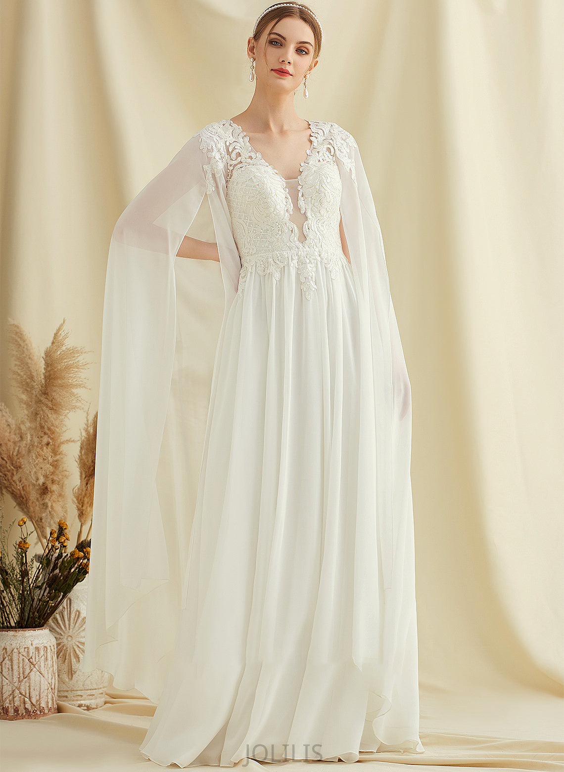 Floor-Length With Sequins Lace Dress Charlotte Chiffon Wedding Dresses Wedding A-Line V-neck