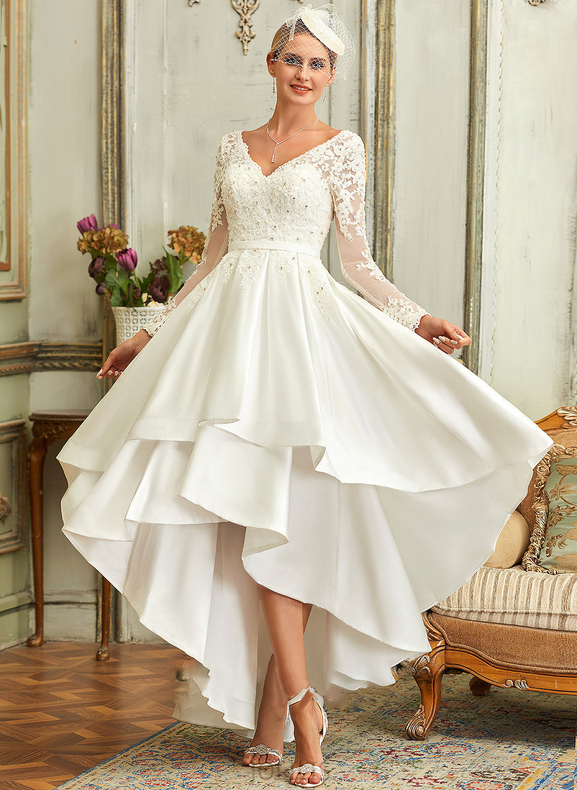 Satin Dania Wedding Wedding Dresses Lace Dress V-neck A-Line Asymmetrical