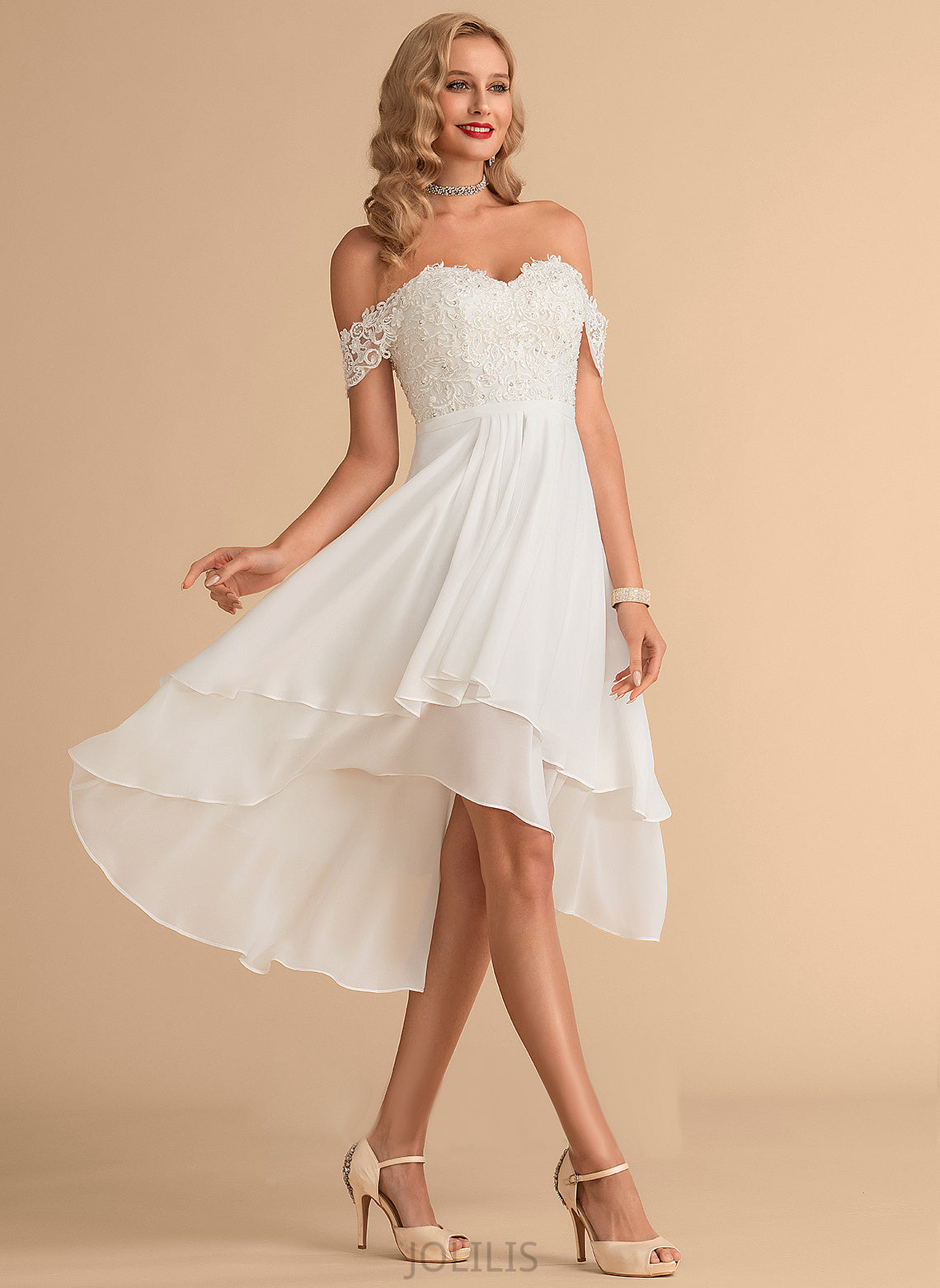 Wedding Dresses Dress Sequins Aliyah Asymmetrical Off-the-Shoulder With Lace Wedding Chiffon Beading A-Line