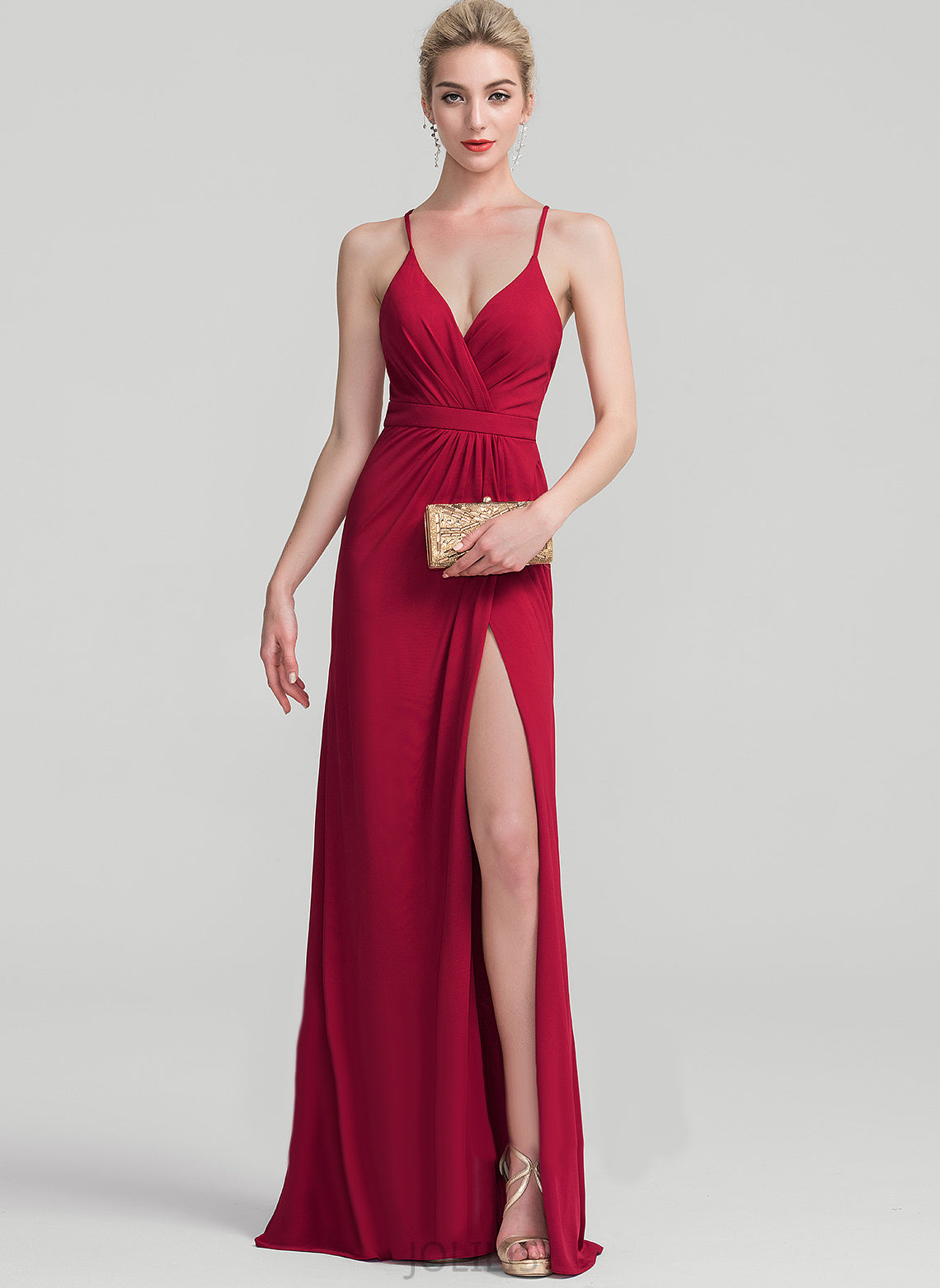 Kimberly Pleated V-neck Floor-Length Prom Dresses With Sheath/Column Jersey