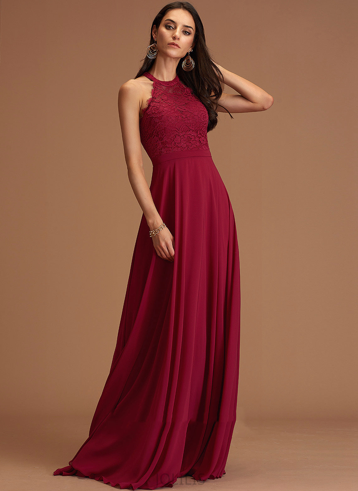 Floor-Length Paisley Prom Dresses Chiffon A-Line Lace Scoop