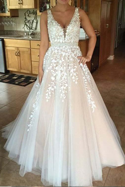 A-line V Neck Long Sexy Prom Dress,Lace Appliques Long Wedding Dresses N01