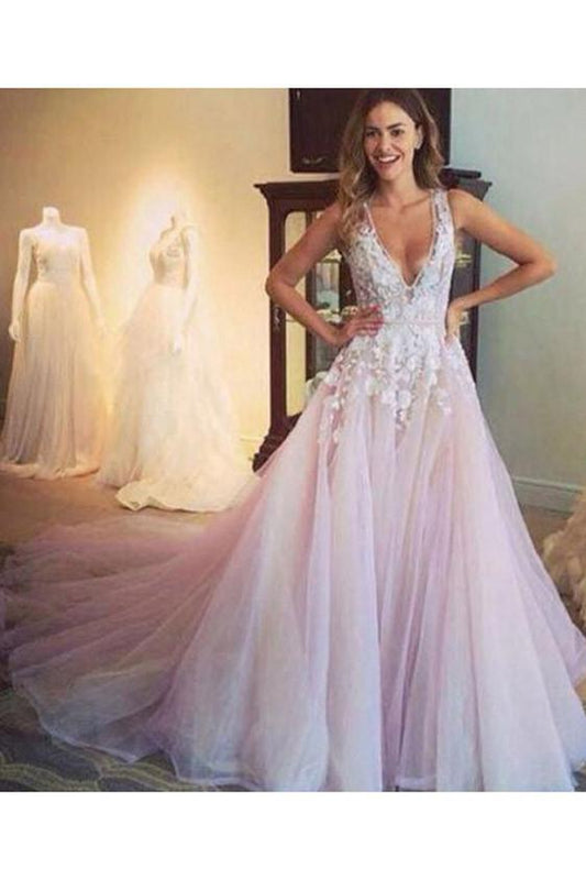 A-line V-neck Light Pink Flower Appliqued Tulle Wedding Dress,N10