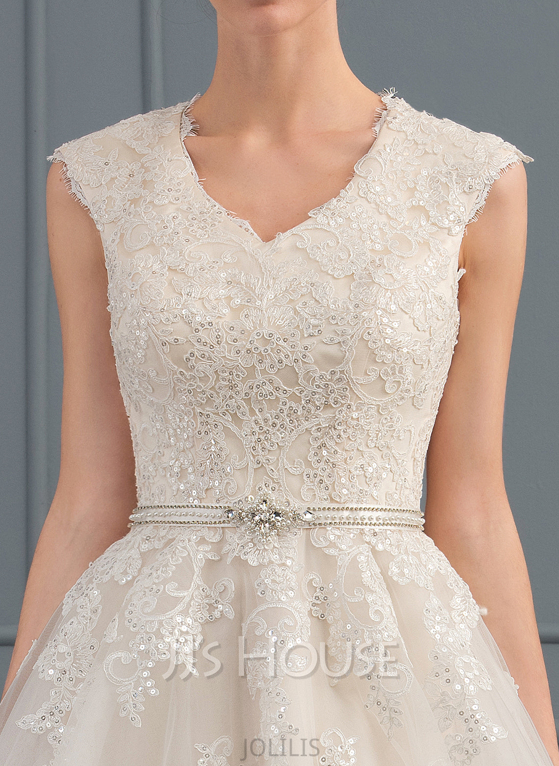 Wedding Dresses Dress Tulle Sequins A-Line Beading V-neck Justine With Wedding Train Bow(s) Sweep