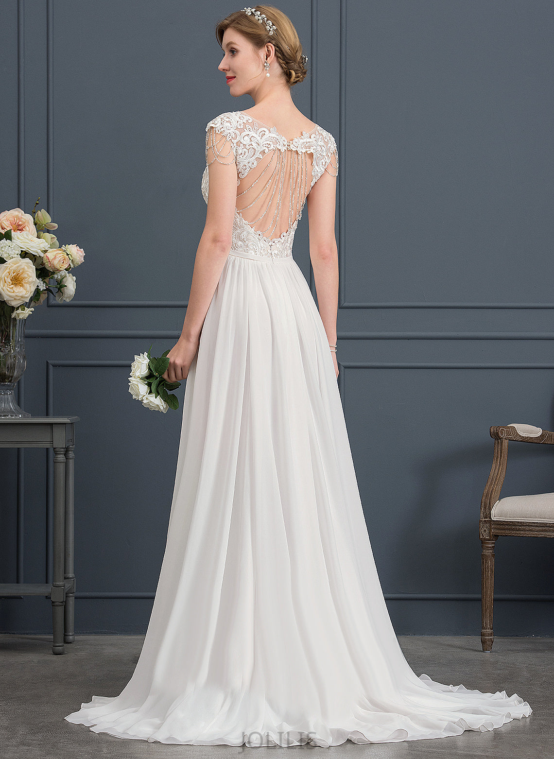 Dress Sequins Amani V-neck A-Line Sweep Train Chiffon With Wedding Lace Beading Wedding Dresses