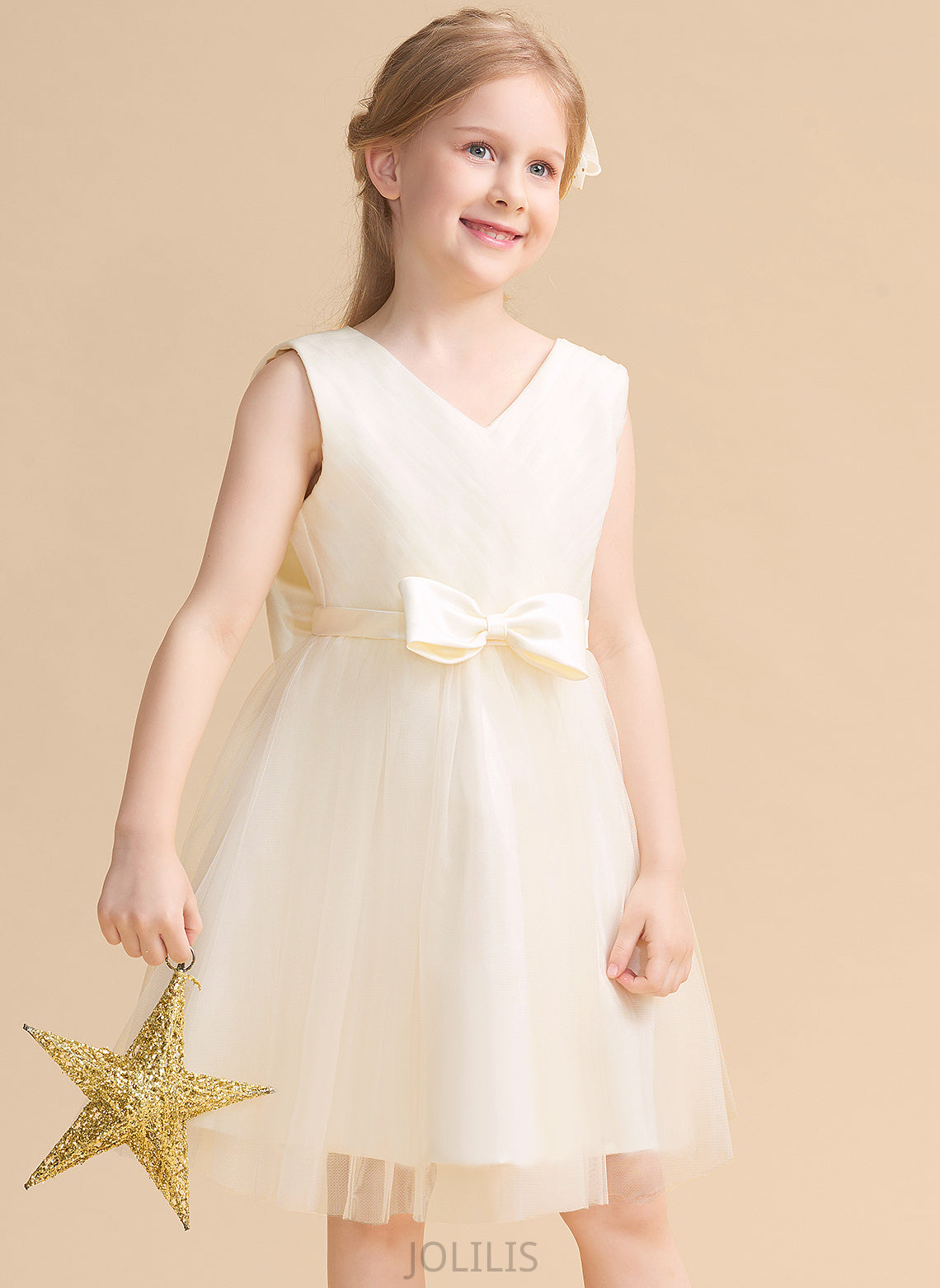 Knee-length - With Tulle A-Line Flower Girl Dresses Bow(s) Dress Flower Vicky V-neck Girl Sleeveless