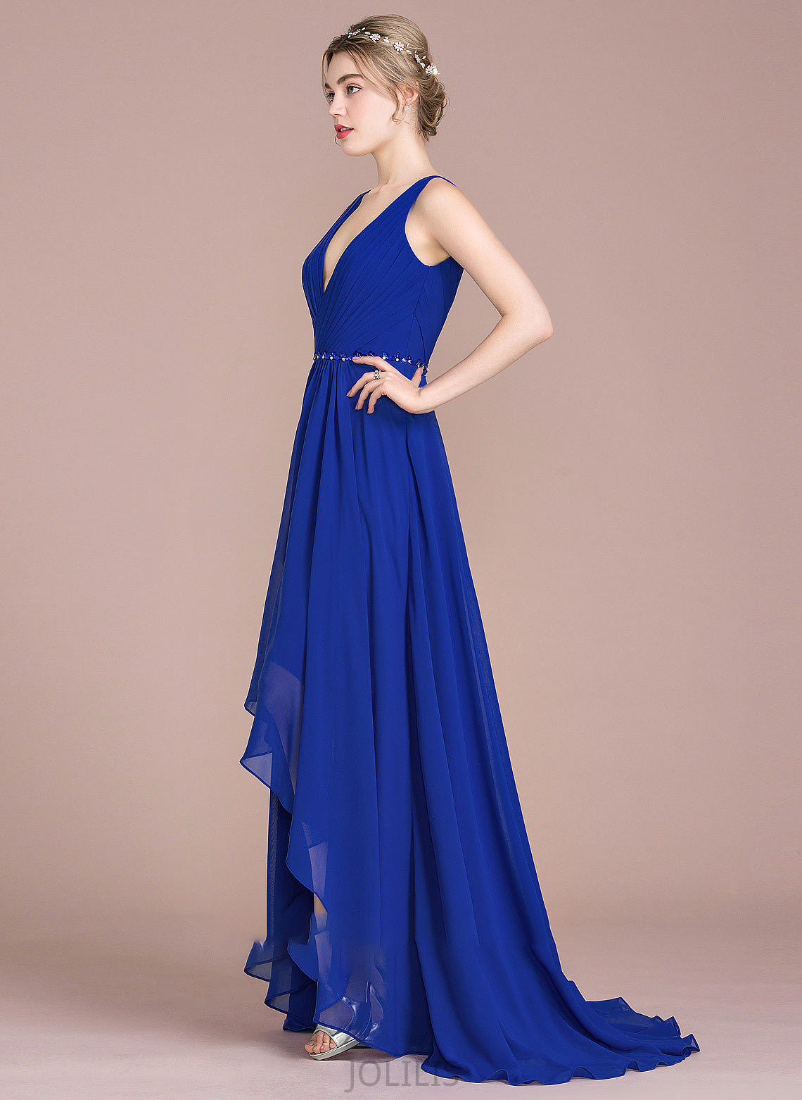 Asymmetrical A-Line With Beading Chiffon Sequins V-neck Prom Dresses Ruffle Sibyl