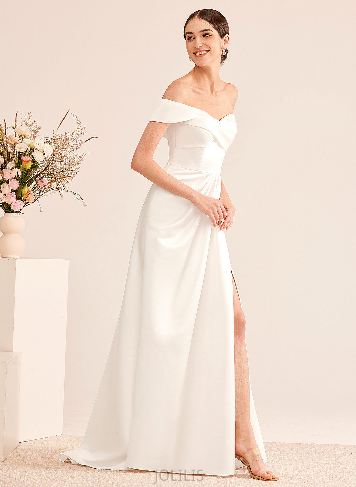 Sweep Ruffle With Wedding Off-the-Shoulder Wedding Dresses Train A-Line Split Jacey Front Dress