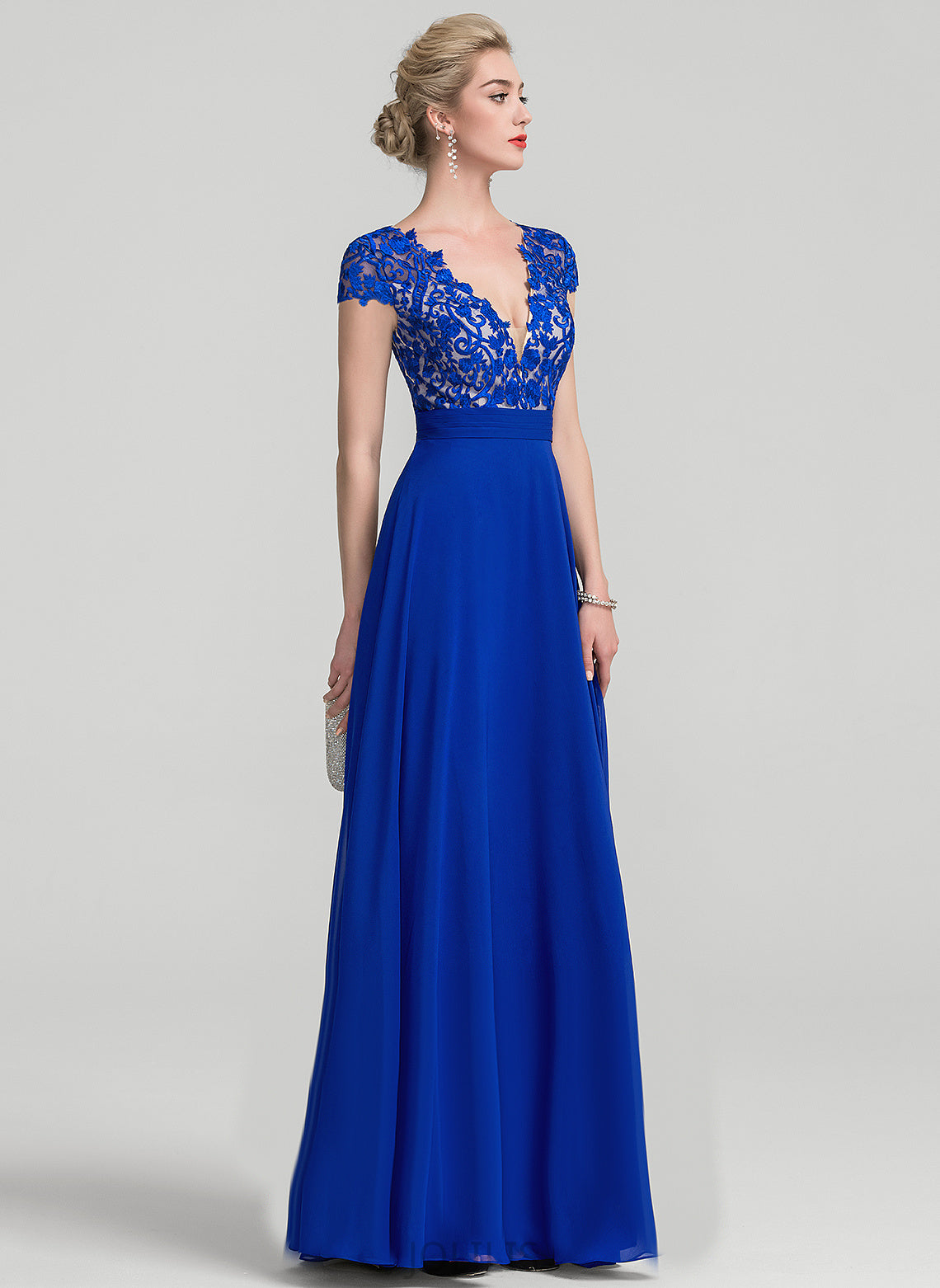 V-neck Prom Dresses Chiffon A-Line Floor-Length Laci Lace