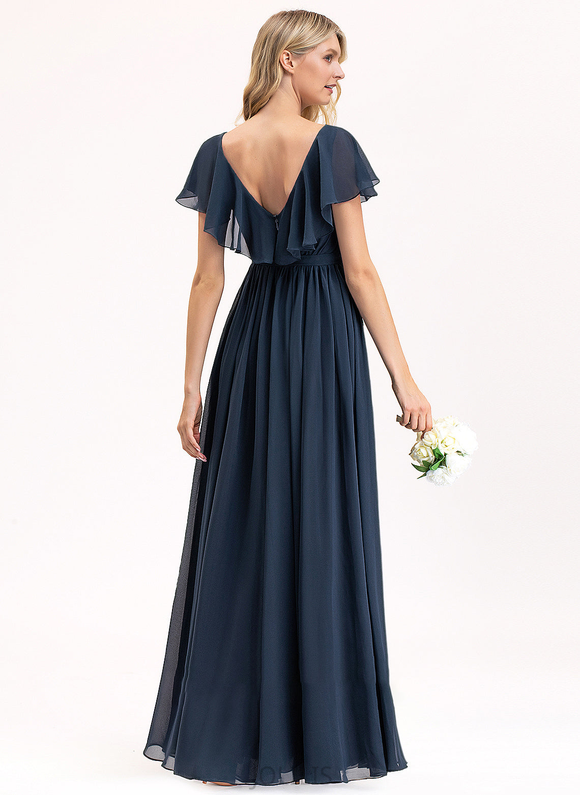 A-Line V-neck Mariela Cascading Bow(s) Chiffon Floor-Length Split With Ruffles Front Prom Dresses