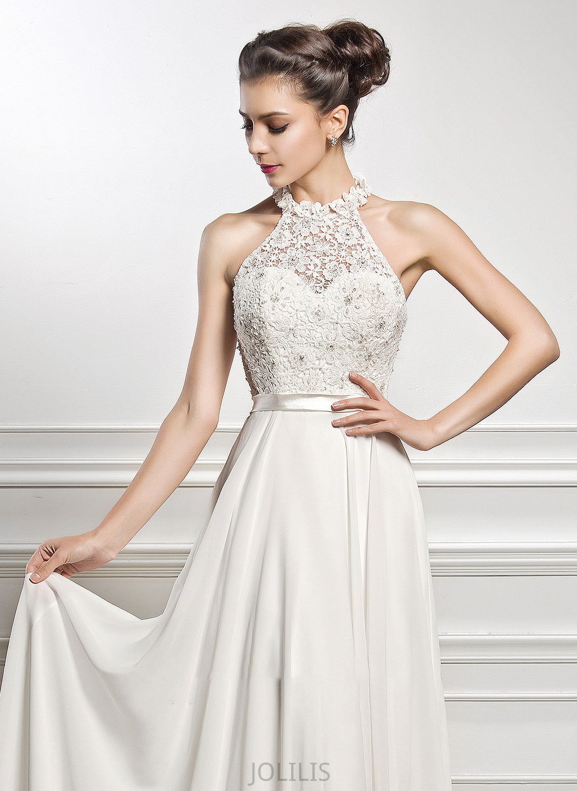 Chiffon Ingrid Beading Floor-Length Wedding Dress Sequins A-Line Neck Scoop Wedding Dresses With