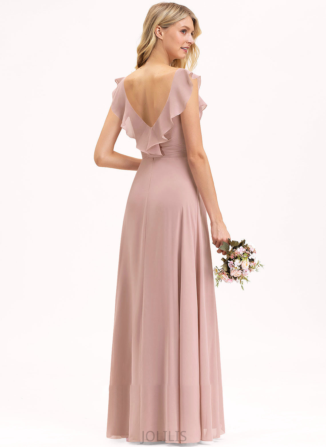 Empire Cascading Ruffles Floor-Length Chiffon V-neck Kathy With Prom Dresses