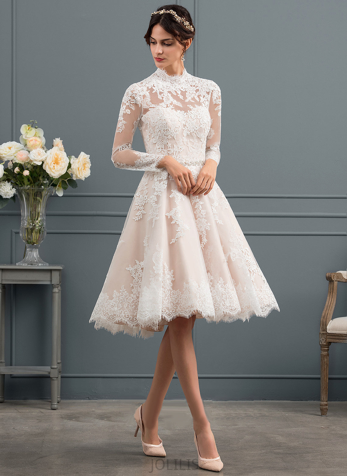 Illusion Knee-Length Lace Dress Wedding Dresses Wedding Clara Tulle A-Line