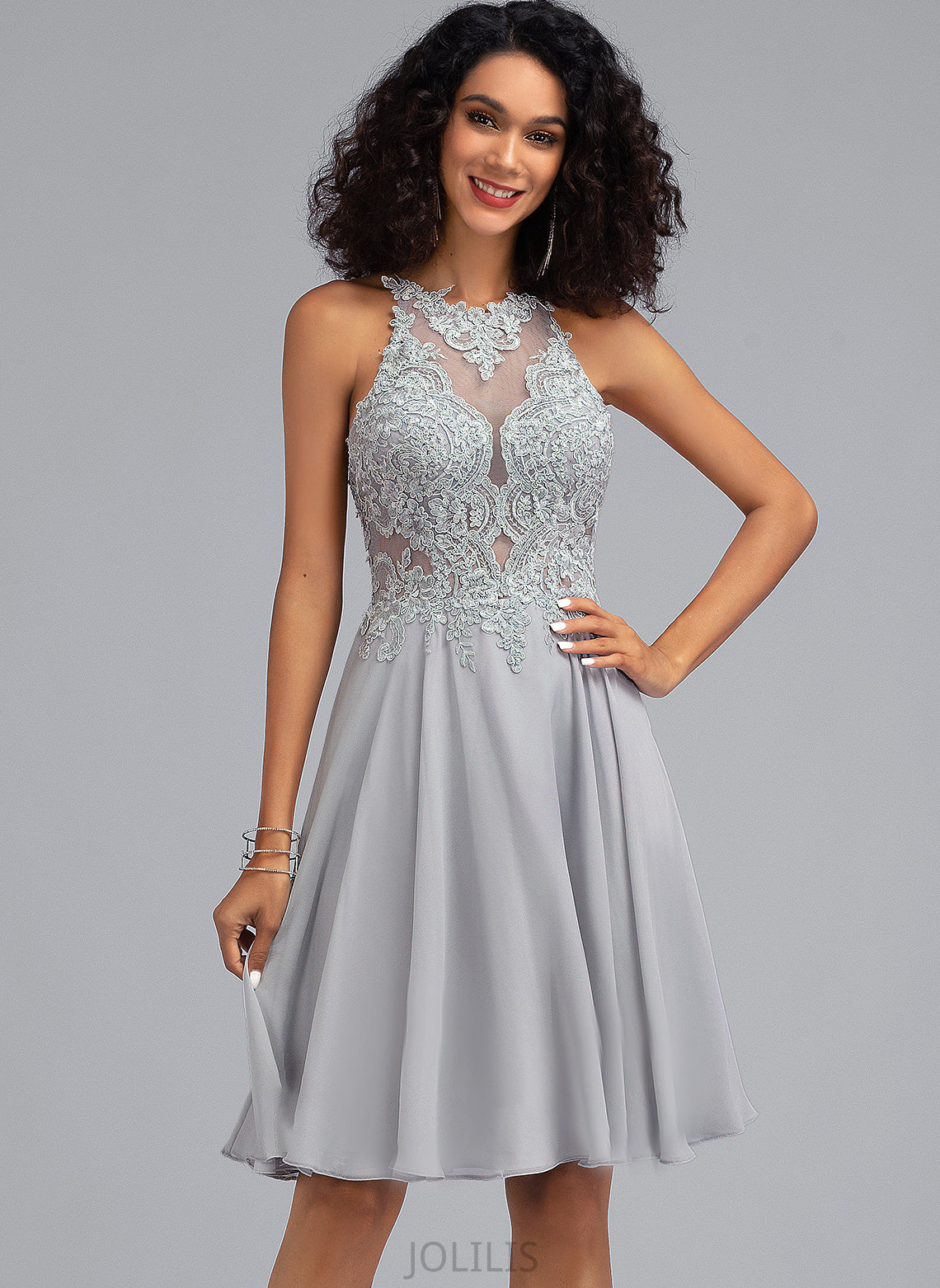 Chiffon Prom Dresses A-Line Sequins Neck Scoop Priscilla Knee-Length With