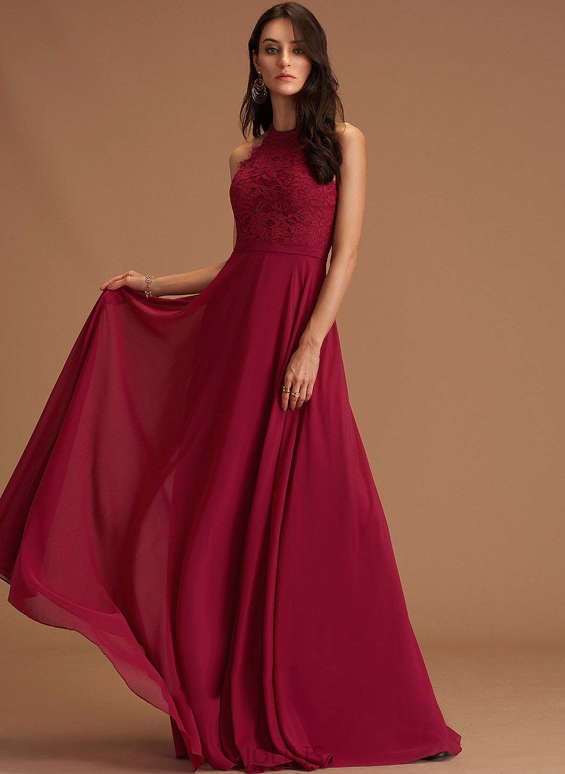 Floor-Length Paisley Prom Dresses Chiffon A-Line Lace Scoop