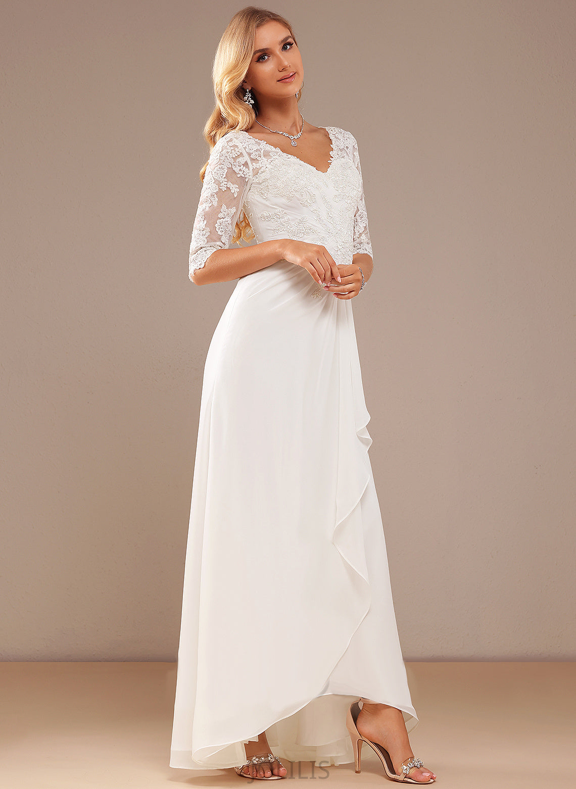 Chiffon Asymmetrical Ruffle Lace With Harper Lace V-neck A-Line Wedding Dresses Wedding Dress