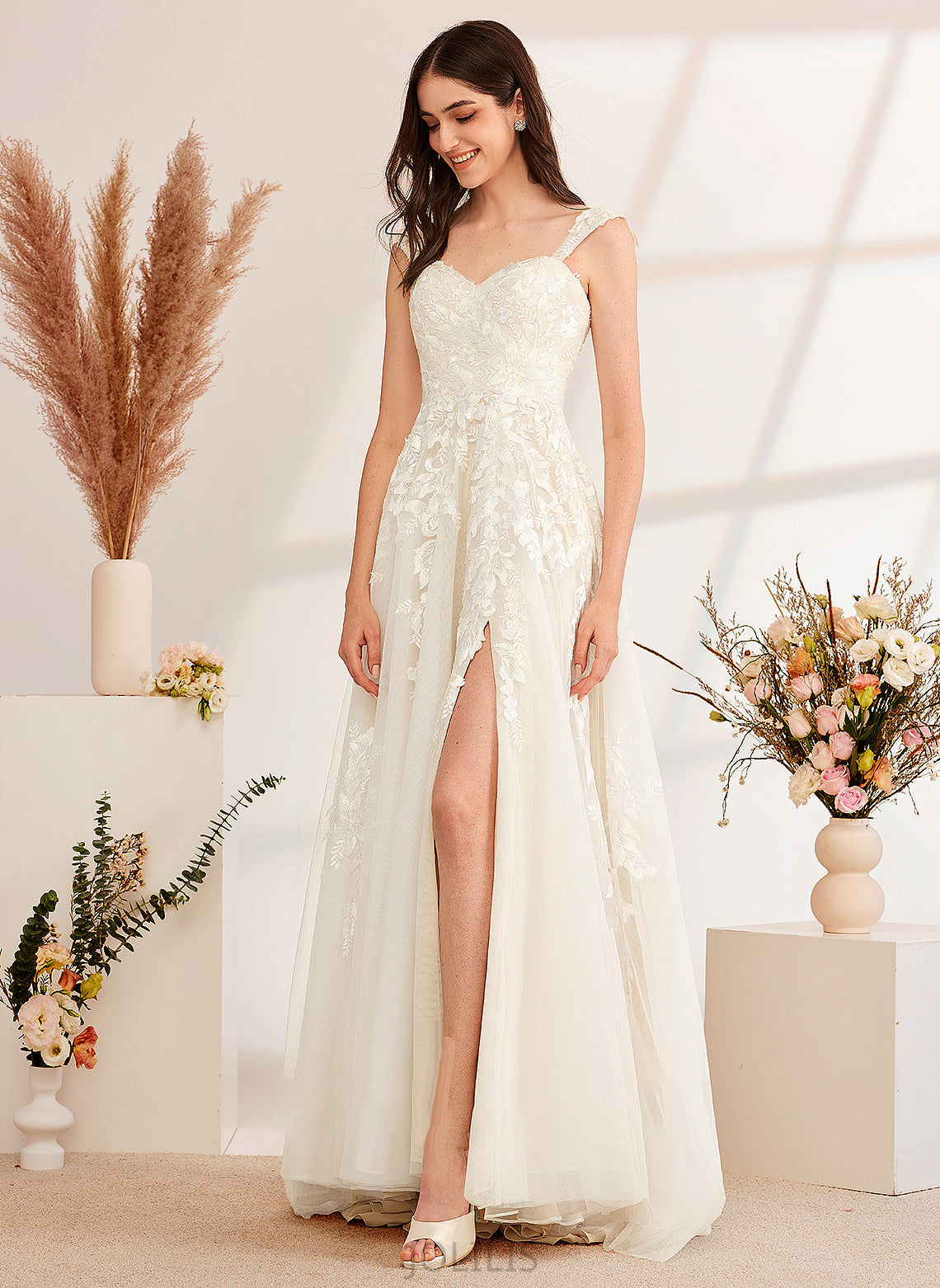 A-Line With Train Sweep Beading Sequins Anna Wedding Off-the-Shoulder Dress Wedding Dresses