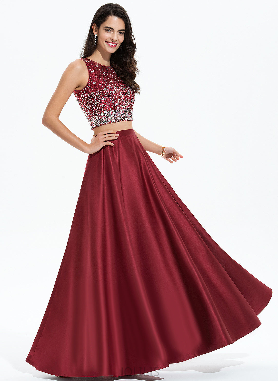 Scoop With Satin Sally Beading Floor-Length Prom Dresses A-Line Sequins