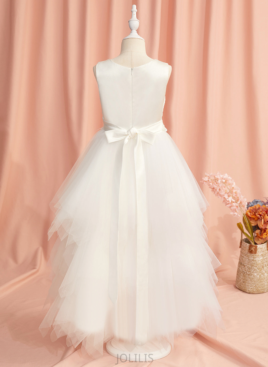 Dress Satin/Tulle With - Scoop Lace/Beading Sleeveless Girl Ball-Gown/Princess Flower Girl Dresses Ankle-length Jaelynn Neck Flower