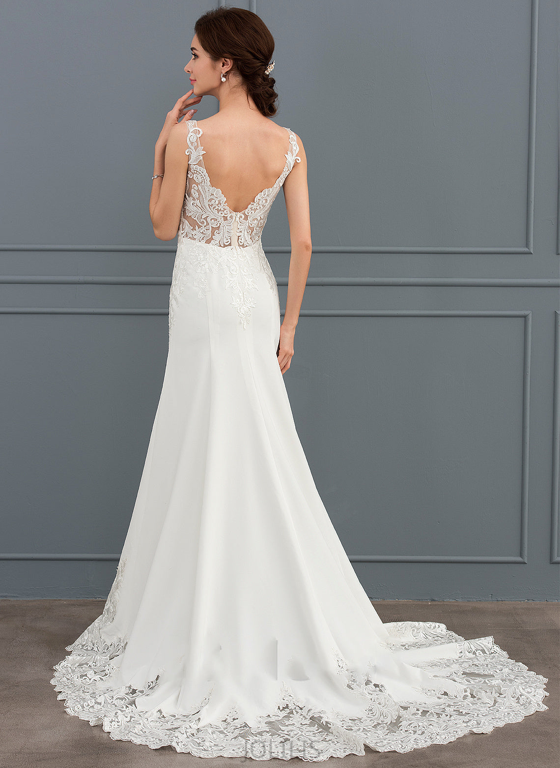 Lace Sequins Brielle Crepe Wedding Dresses V-neck Train With Trumpet/Mermaid Dress Court Wedding Stretch