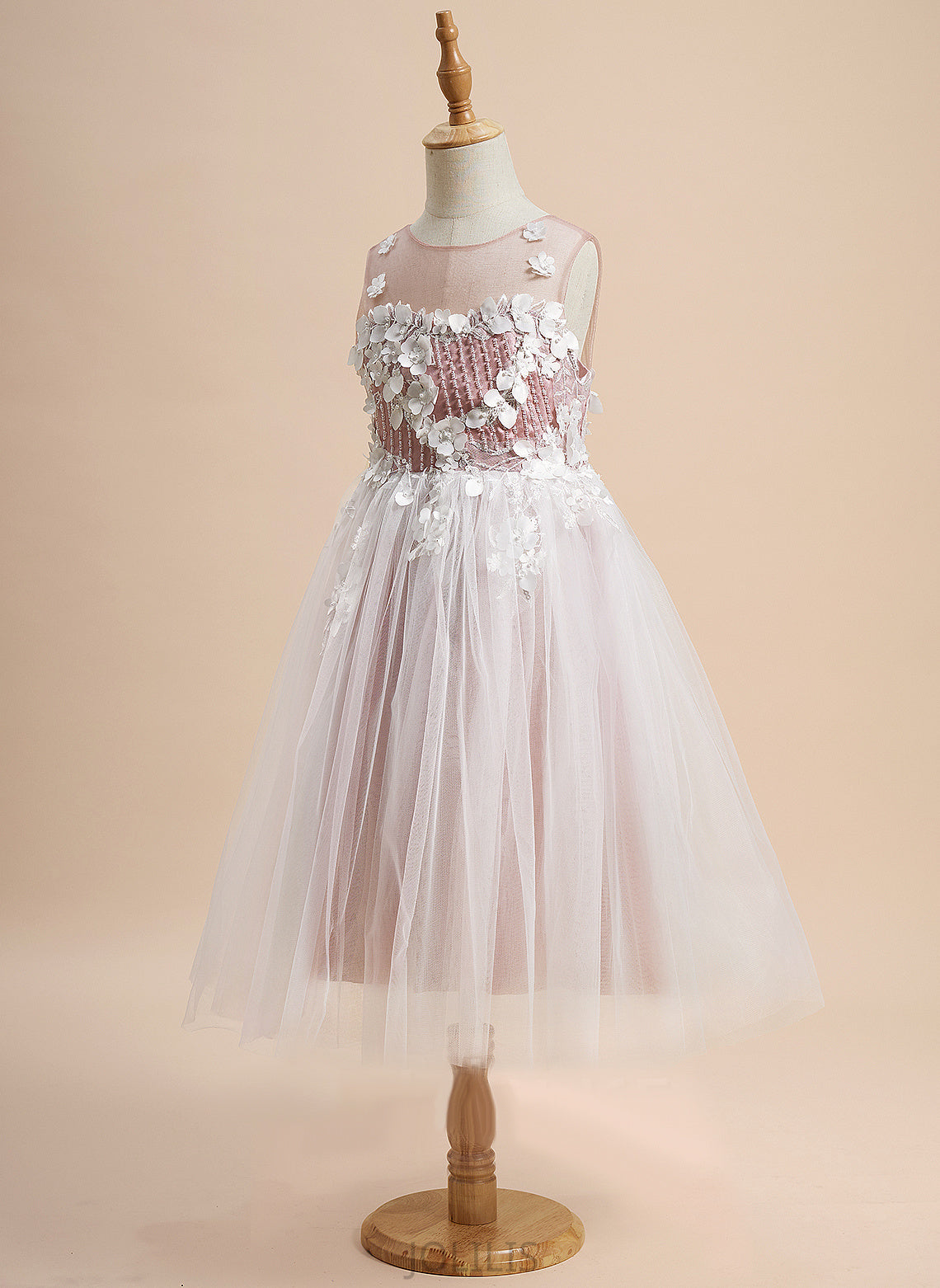 Scoop Sleeveless Flower Neck Kiley With Flower Girl Dresses A-Line - Girl Tea-length Tulle Lace/Beading/Flower(s) Dress