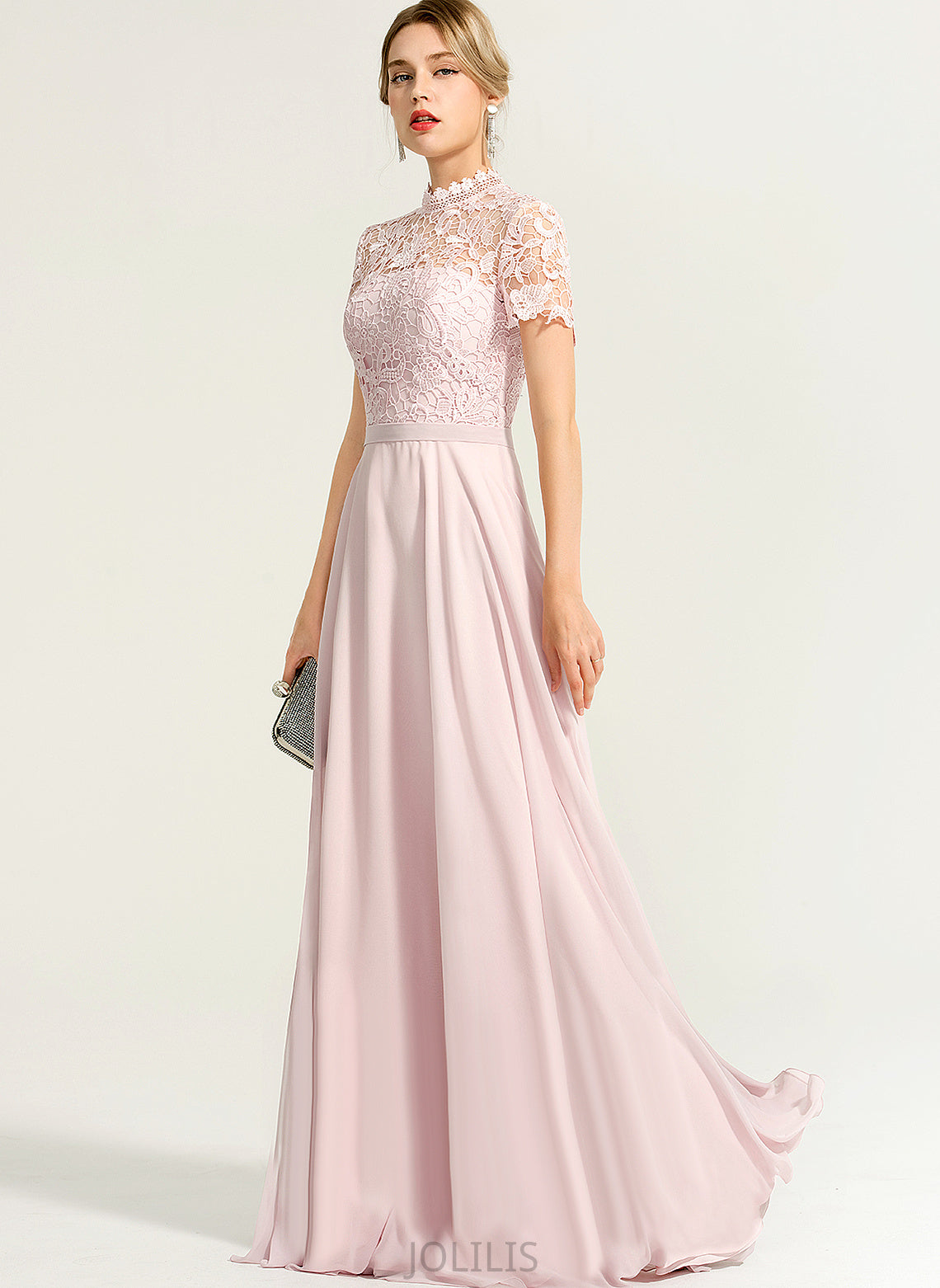 High Illusion A-Line Chiffon Lace Julianne Prom Dresses Neck Floor-Length